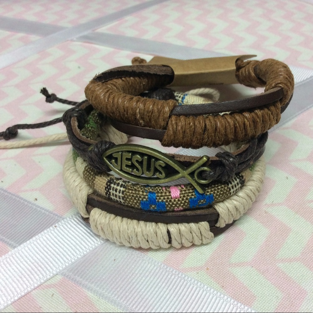 Jesus fish leather 3 bracelets new